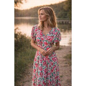 Vintage 80s Jonathan Martin Womens Midi Dress Sz Small Medium Pink Floral Ruffle